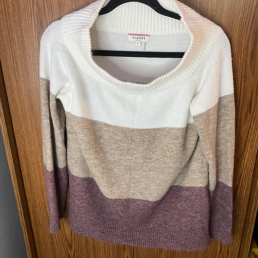 Andree by Unit Colorblock Sweater Womens Large White‎ Tan Purple Scoop Neck Knit